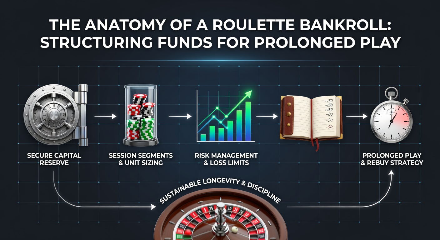 Visual breakdown of a roulette bankroll divided into sessions, units, and risk buffers, showing chips stacked methodically on a green felt table