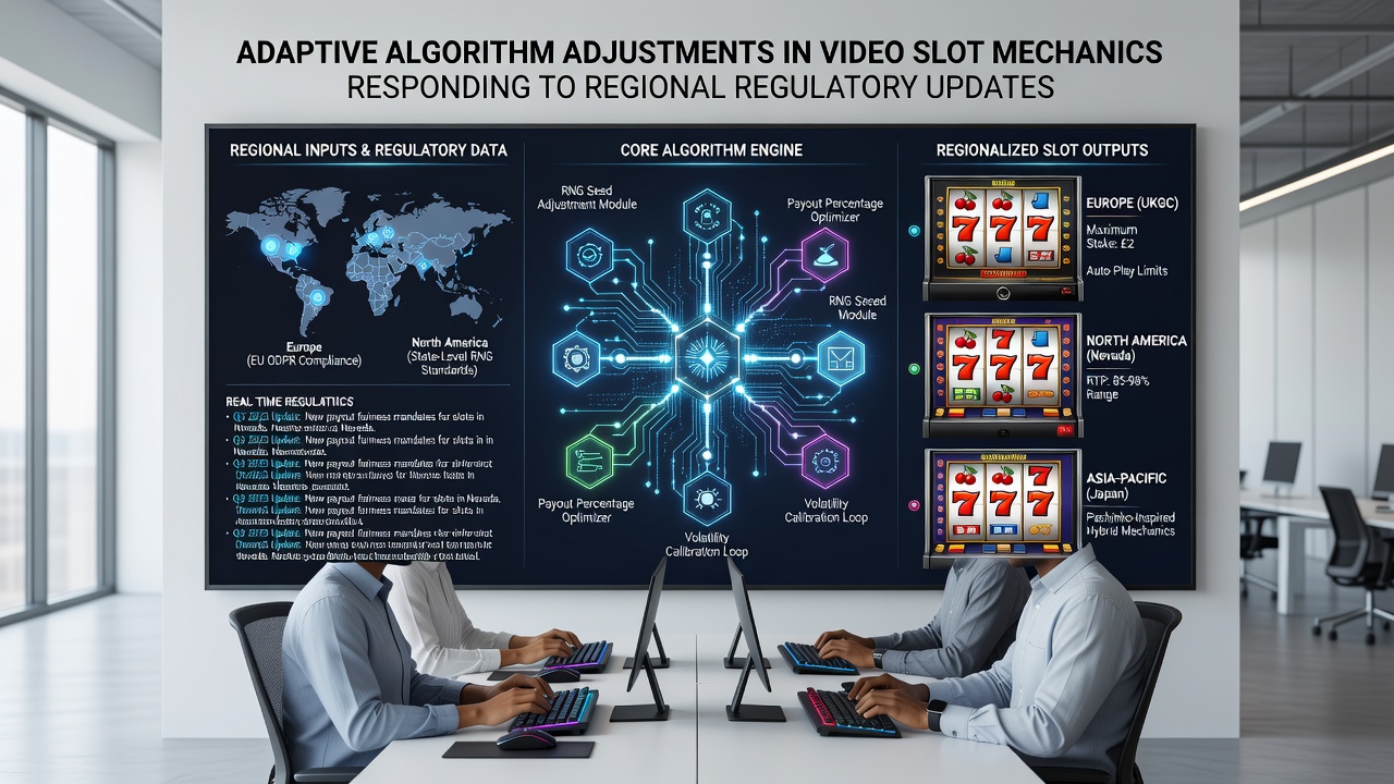 Diagram illustrating adaptive slot mechanics and regional regulatory compliance processes