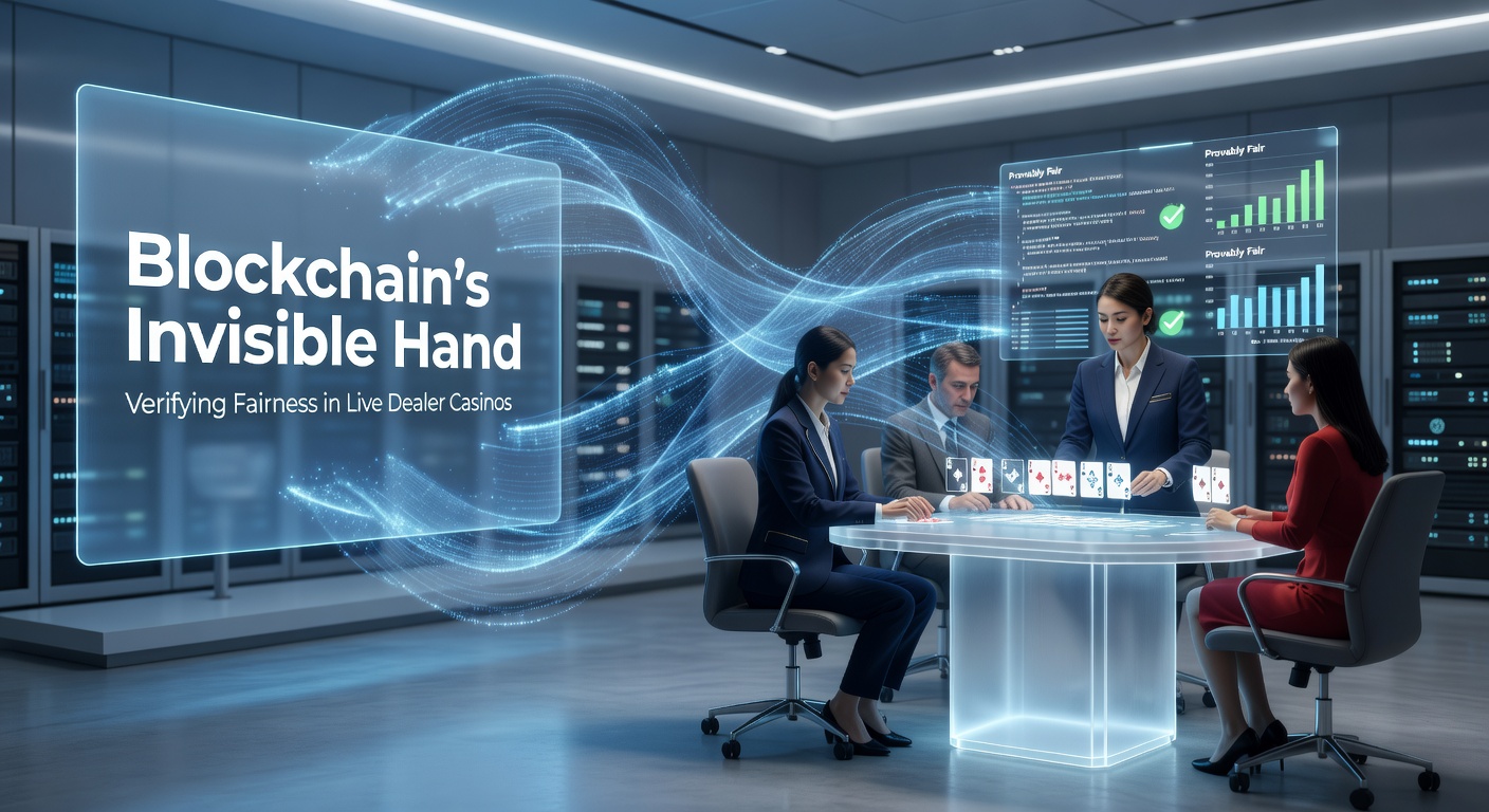 Digital blockchain network overlay on a live dealer blackjack table, illustrating transparent verification processes