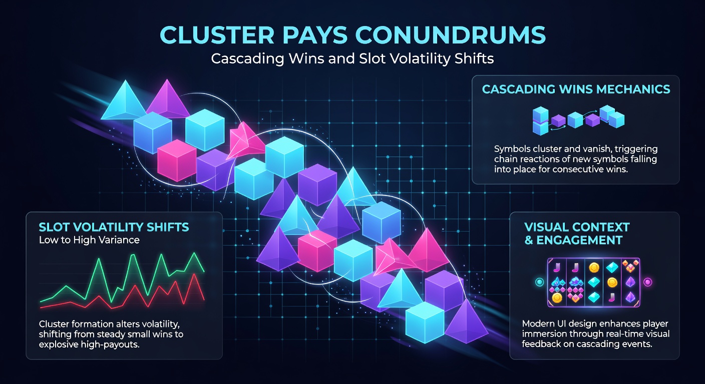 Animated graphic of slot volatility charts comparing cluster pays with cascades against traditional slots, showing shift in win distribution curves