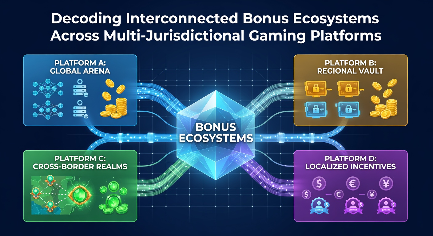 Visual representation of interconnected bonus networks linking gaming platforms across different jurisdictions