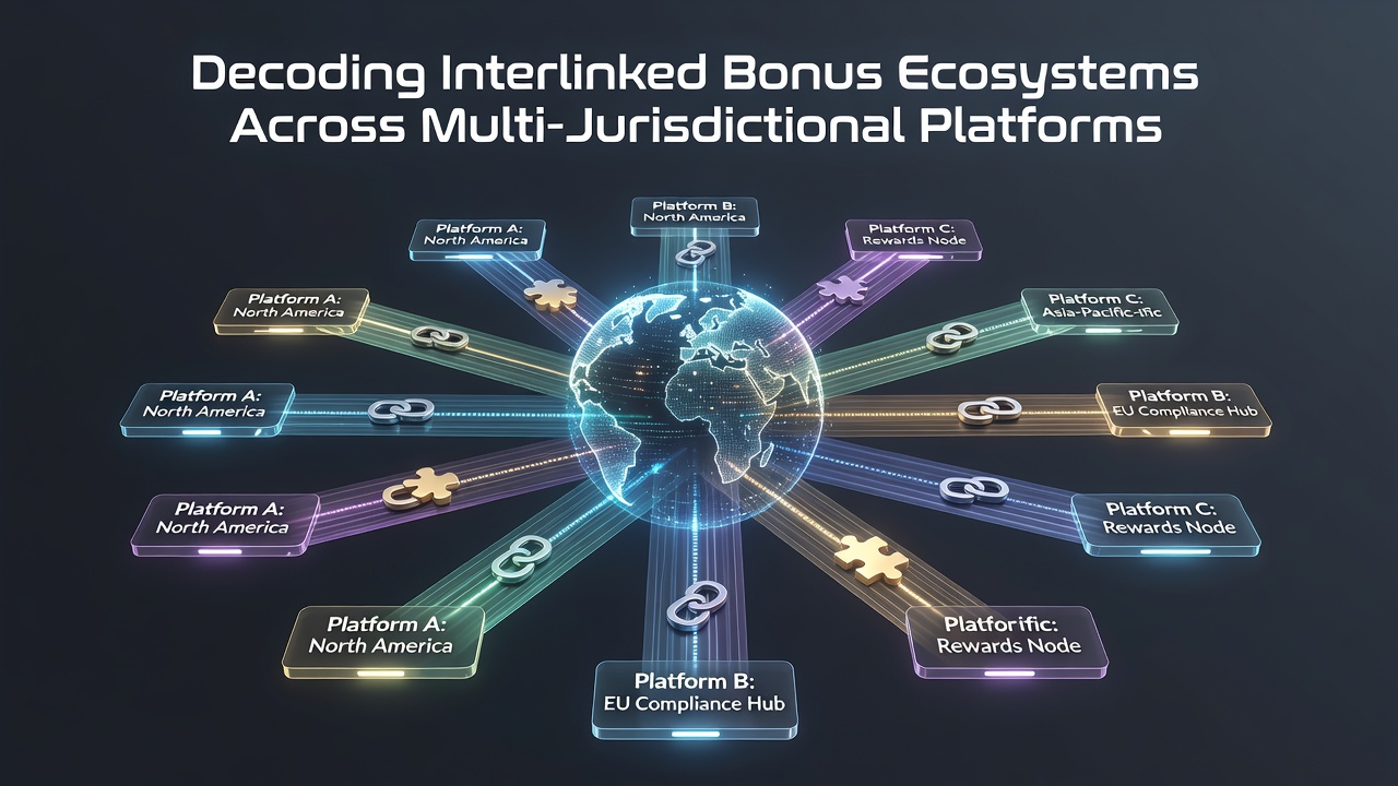 Digital illustration showing interconnected bonus systems across global gaming platforms with data flows between jurisdictions