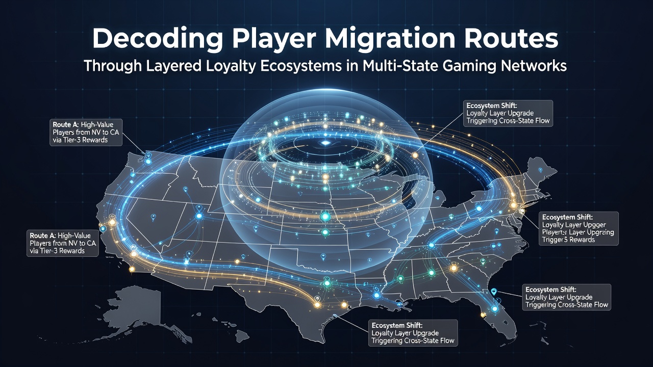 Visualization of player migration routes mapped across interconnected loyalty ecosystems in multi-state gaming networks