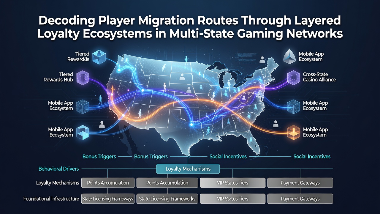 Detailed network diagram showing layered loyalty tiers connecting gaming jurisdictions and player movement flows