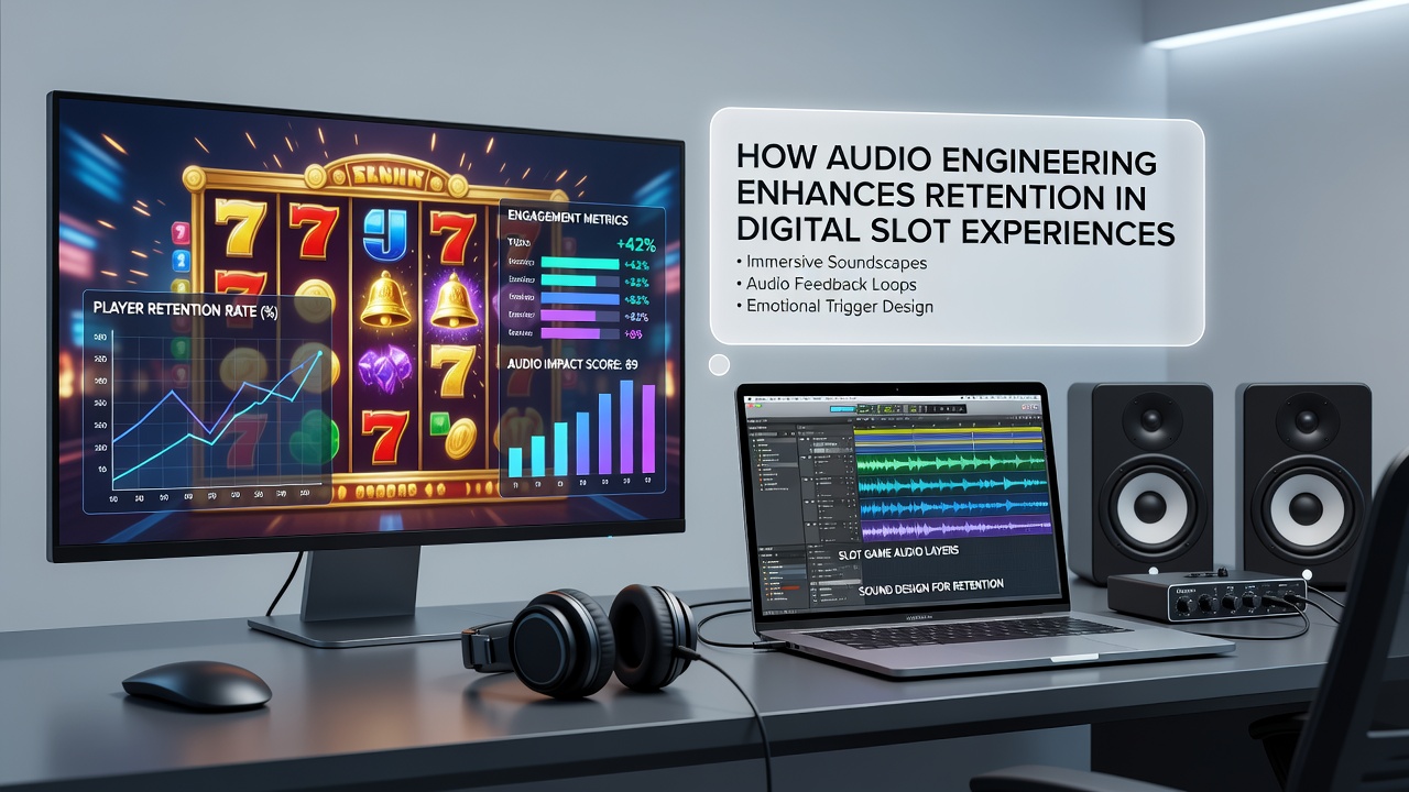 Close-up of audio mixing console used in slot game development with waveform overlays