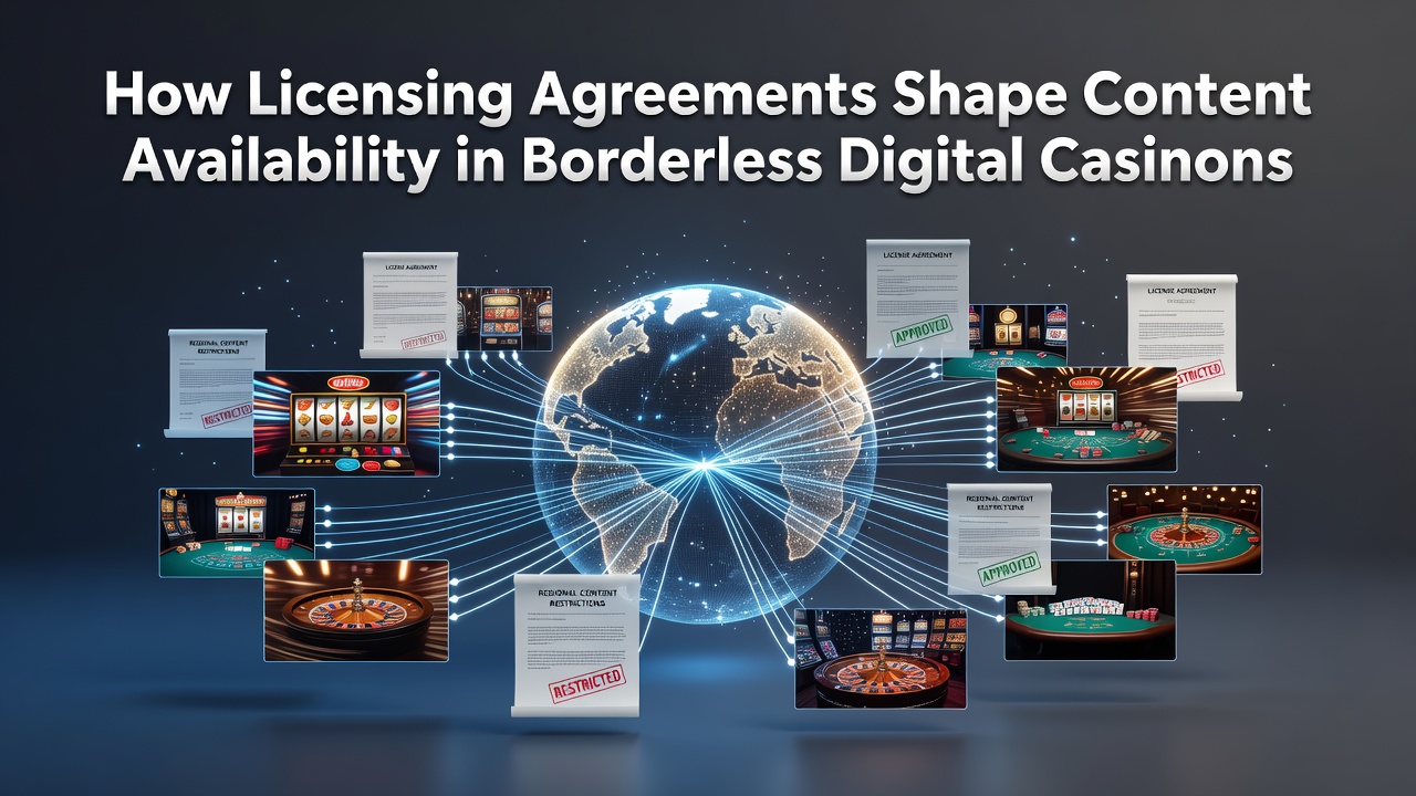 Illustration showing digital casino licensing networks connecting multiple international jurisdictions with game providers and operators