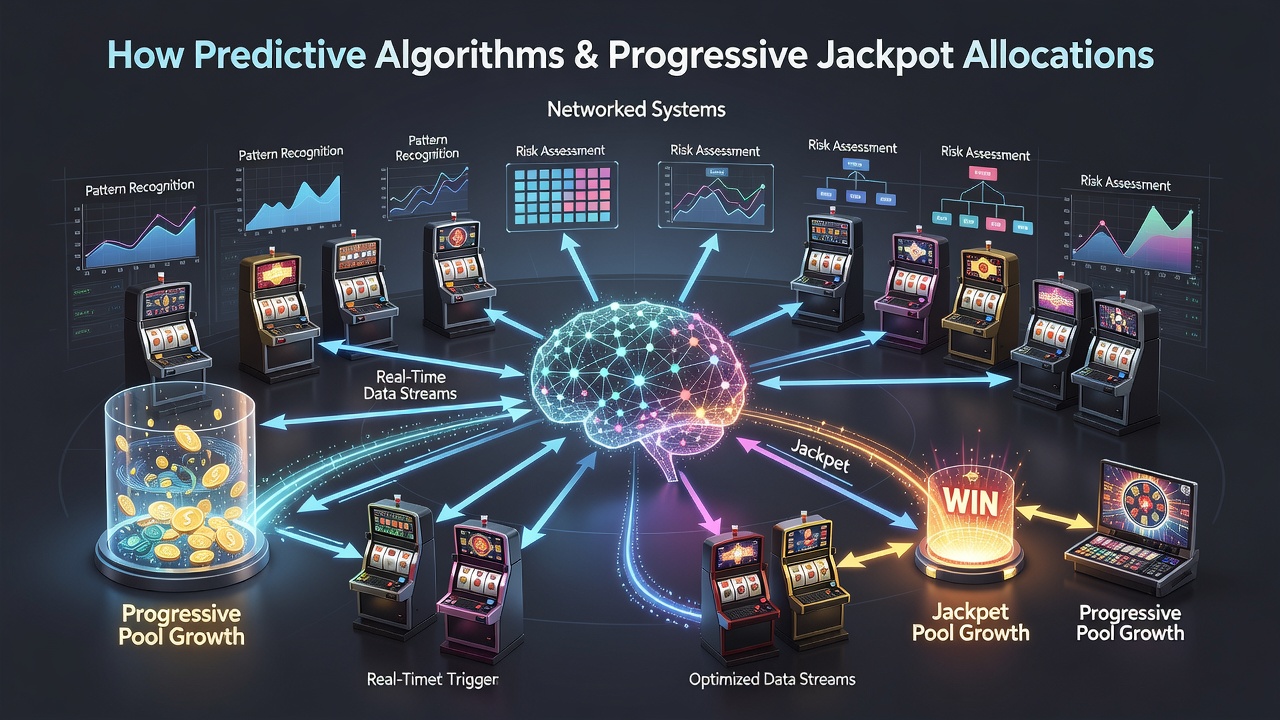 Dashboard interface displaying real-time predictive analytics for progressive jackpot growth and allocation across gaming servers