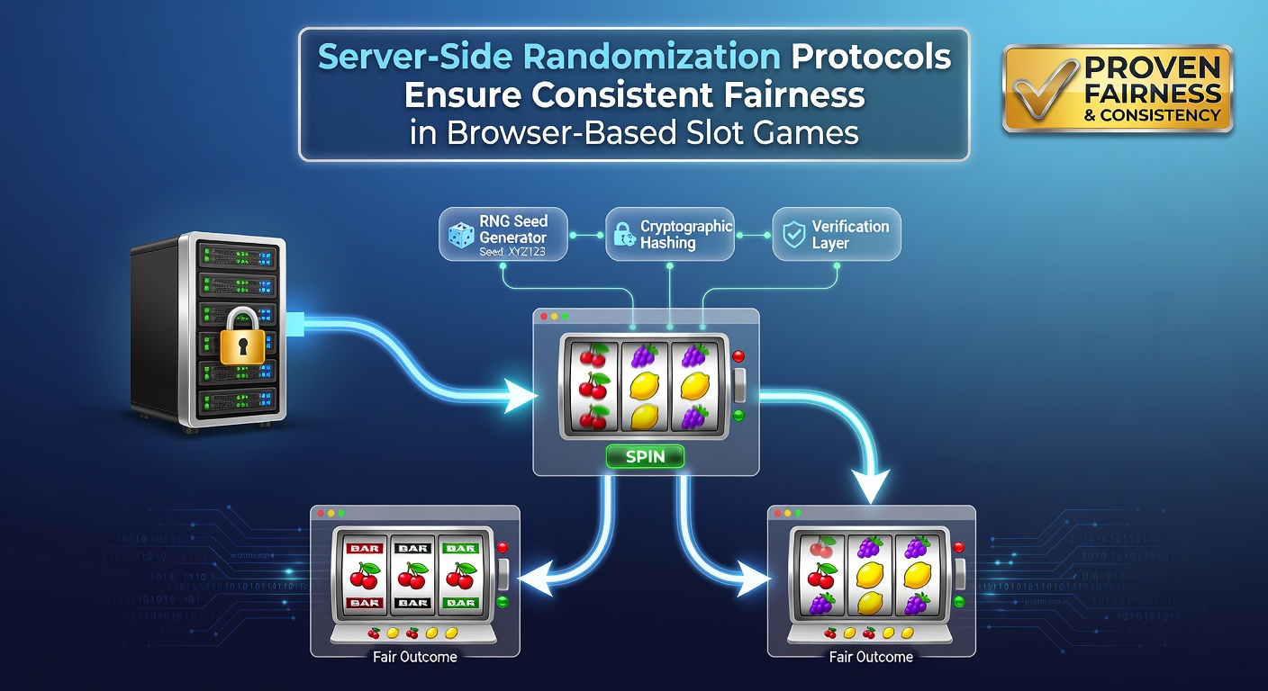 Diagram showing server-side RNG architecture for browser slot games with data flow from server to client interface