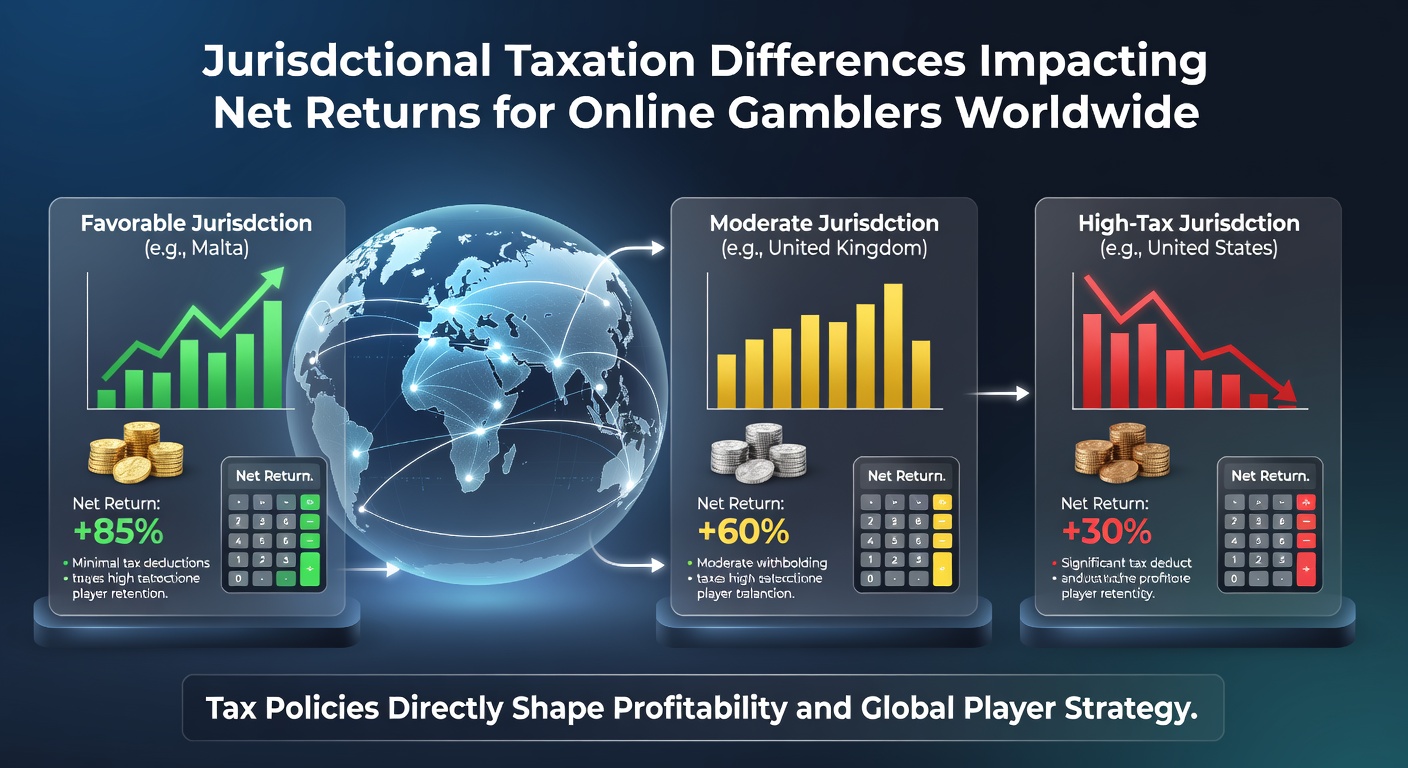 Illustration of tax forms and currency symbols representing worldwide online gambling taxation differences