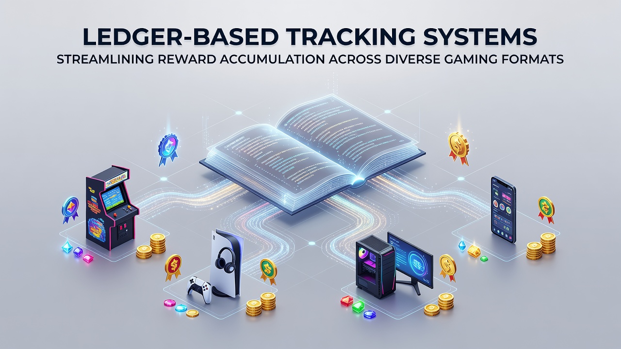 Network diagram showing interconnected gaming platforms linked through a shared distributed ledger for reward synchronization