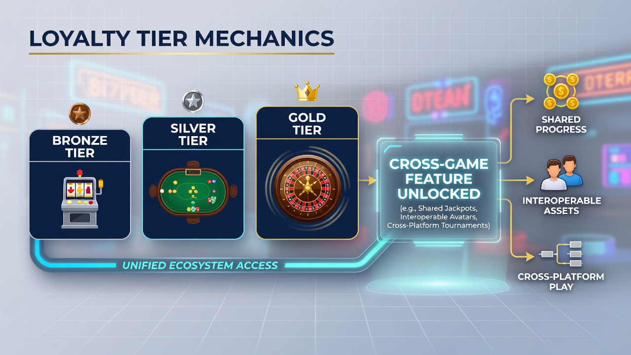 Illustration of interconnected casino game interfaces displaying shared loyalty benefits and feature access points