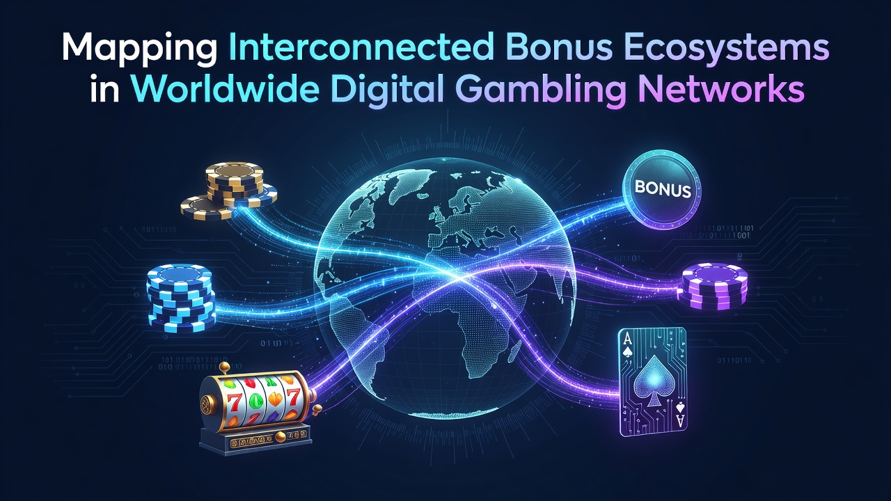 Visualization of linked bonus structures across international digital gambling platforms showing data flows between jurisdictions
