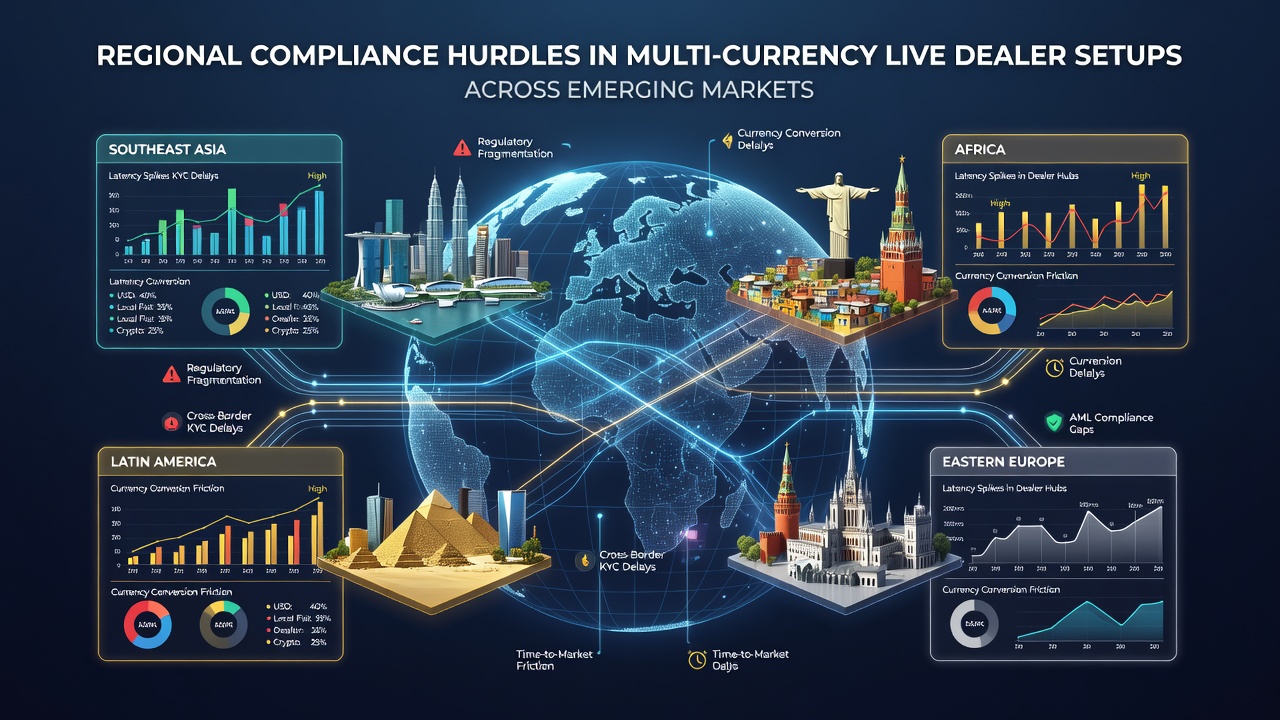 Live dealer studio control room showing multi-currency transaction monitoring screens and compliance dashboards