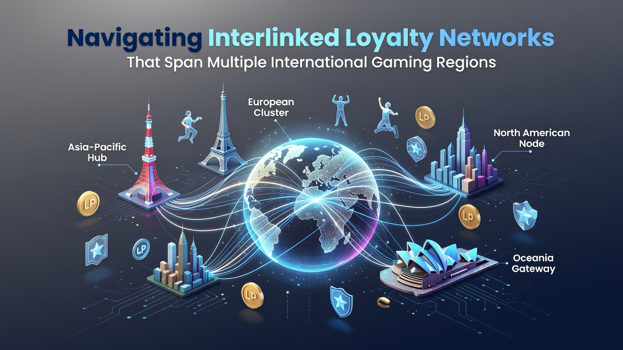 Illustration of interconnected global gaming loyalty networks spanning multiple continents