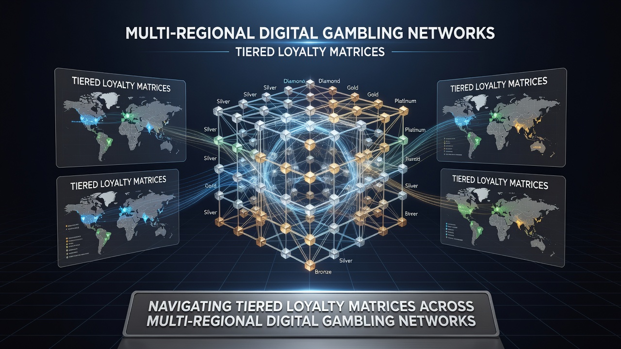 Network diagram illustrating data flow between regional gambling platforms and loyalty databases