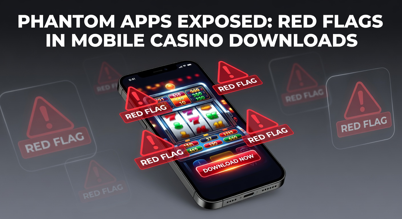 Smartphone screen displaying a suspicious casino app icon amid warning signs like fake reviews and malware alerts