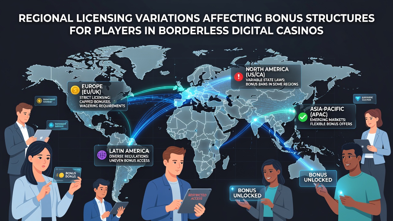 Digital casino interface showing varied bonus options across global regions