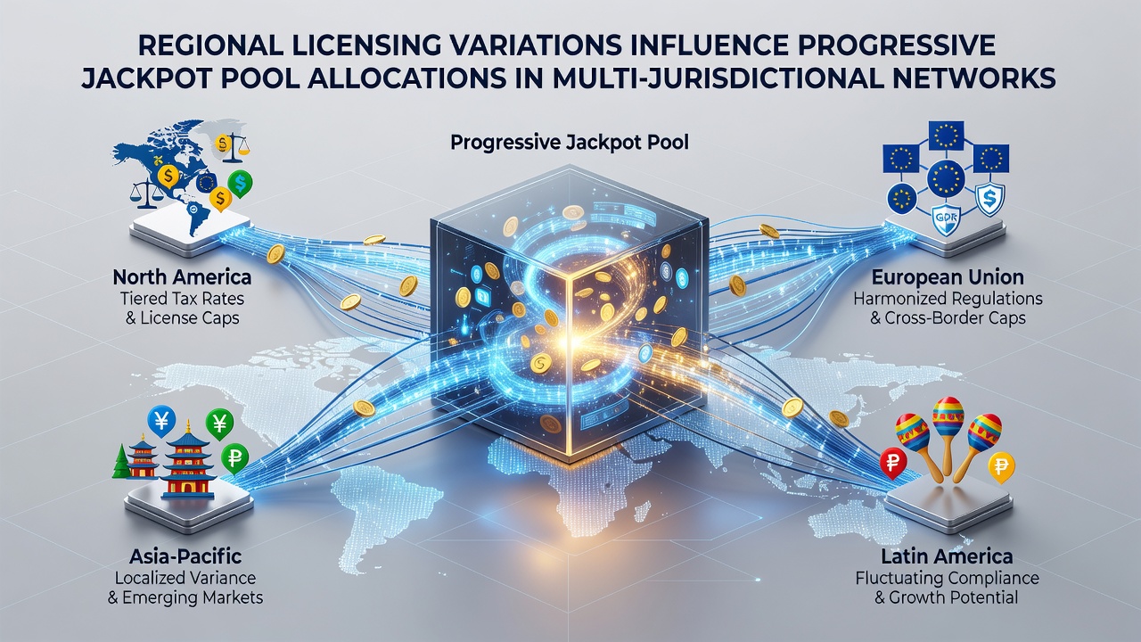 Flowchart illustrating progressive jackpot allocation adjustments due to licensing variations