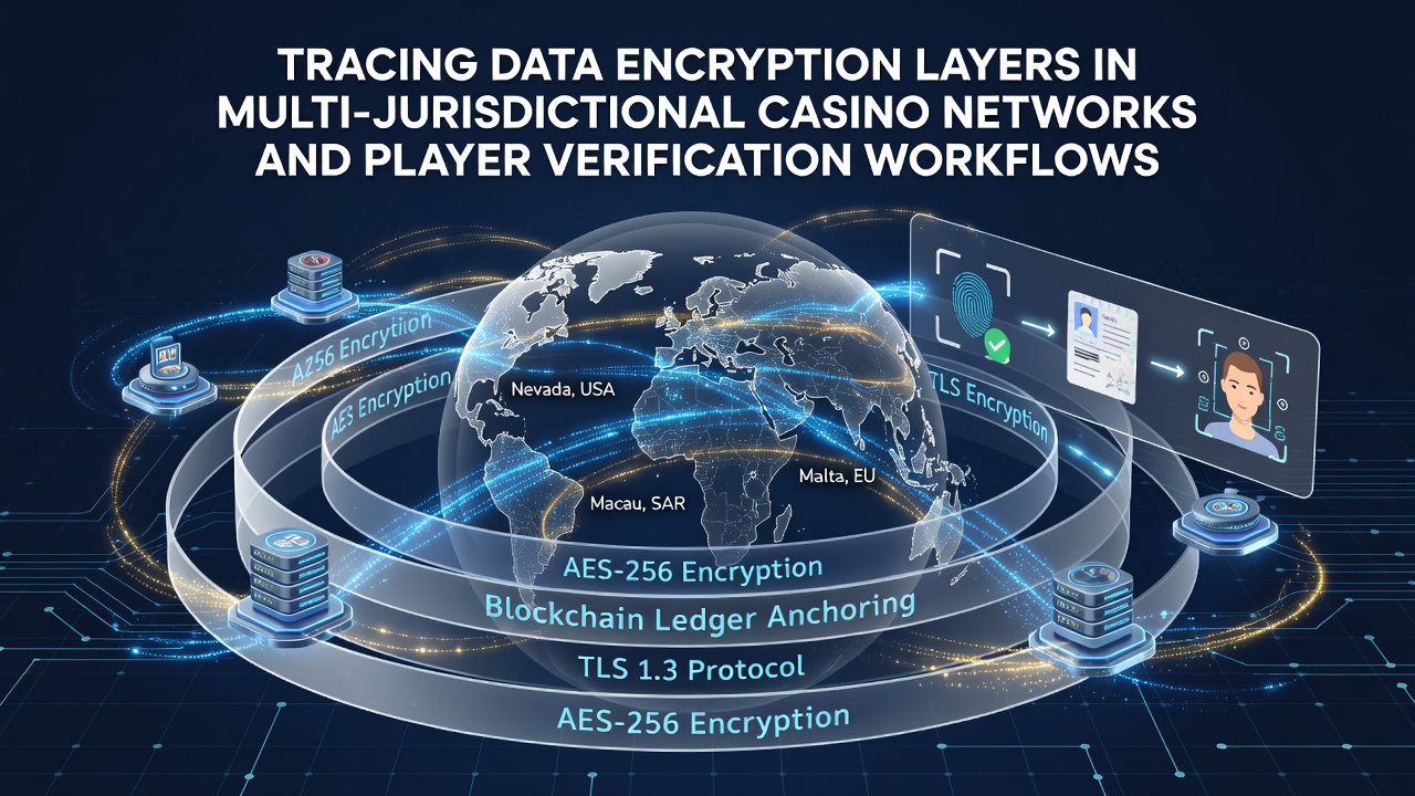 Diagram showing layered encryption in casino networks spanning multiple countries with player data flows