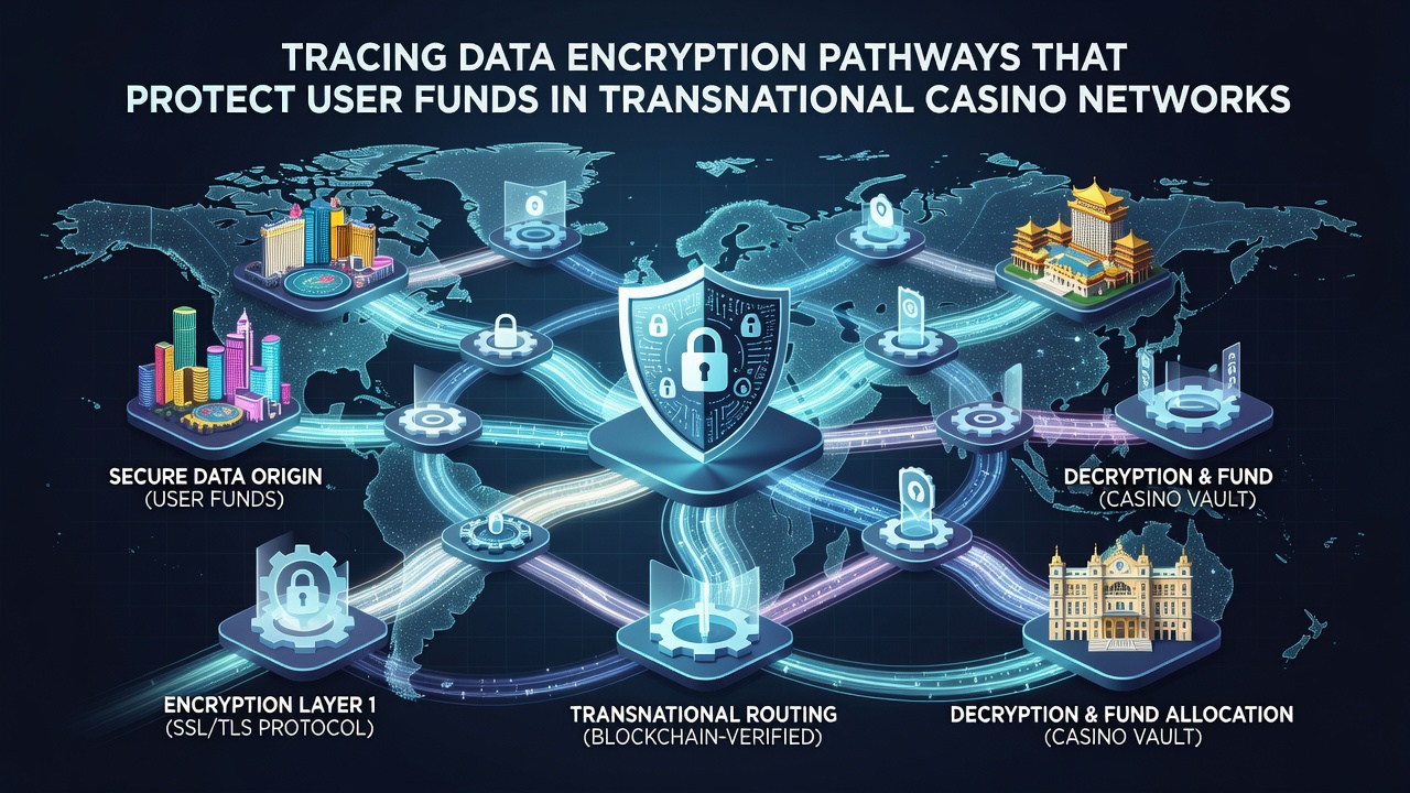 Illustration of layered encryption servers connected across borders protecting casino transaction data
